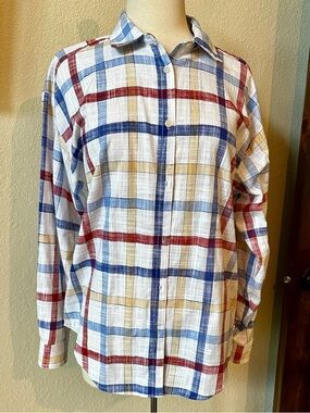 Loft Lightweight Plaid Button-Up Shirt in White with Blue, Red & Tan Stripes